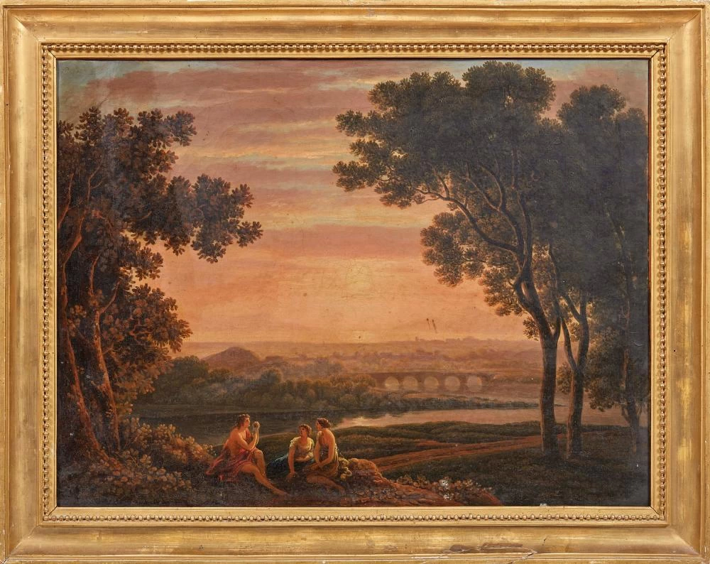 Paesaggio con scena mitologica e figure in conversazione